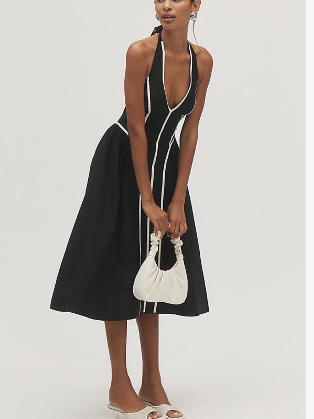 Anthropologie Black Halter Midi Dress with White Piping